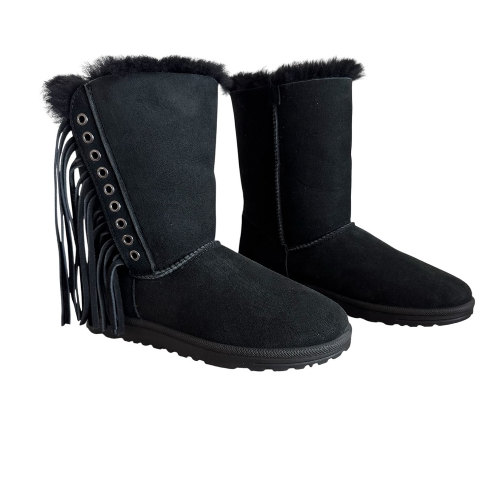 ABEO Women's Kingston Shearling Mid-Calf Boots Fringe Black NWOB size 7